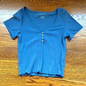 NEW!! blue ribbed short sleeve button-up crop top w ruffles